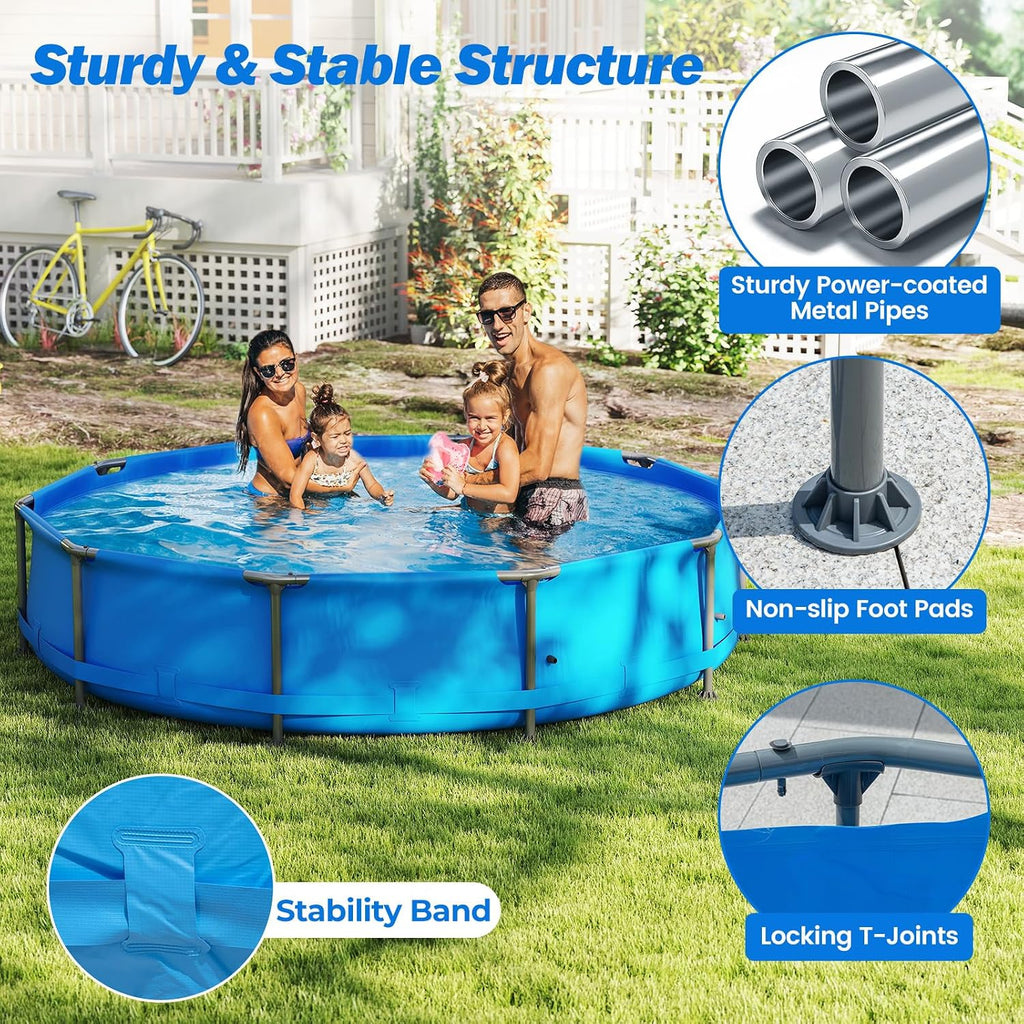 Moccha 12' x 12' Round Above Ground Pool - Metal Frame Family Pool Set with PVC Fabric, 3 Stoppers & Drainage Valve Connector, Outdoor Backyard Swimming Pool, 1617 Gallons of Water