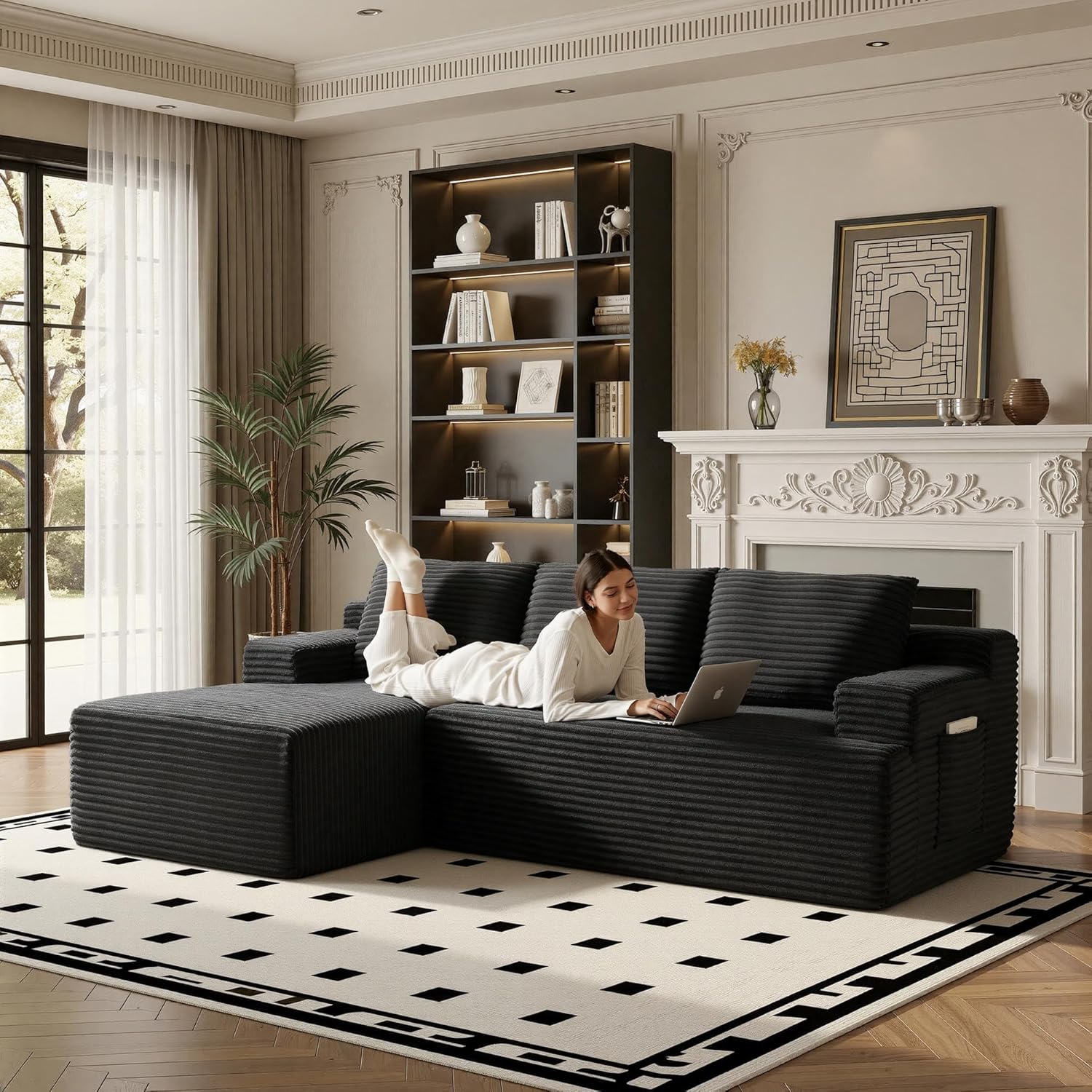 96' Sectional Couches for Living Room Cloud Couch Sofa with L-Shape Upholstered Boneless Couchs Modern Modular Sectional Couch with Chaise (Black, 96' W+Left Facing Chaise+2Seaters)