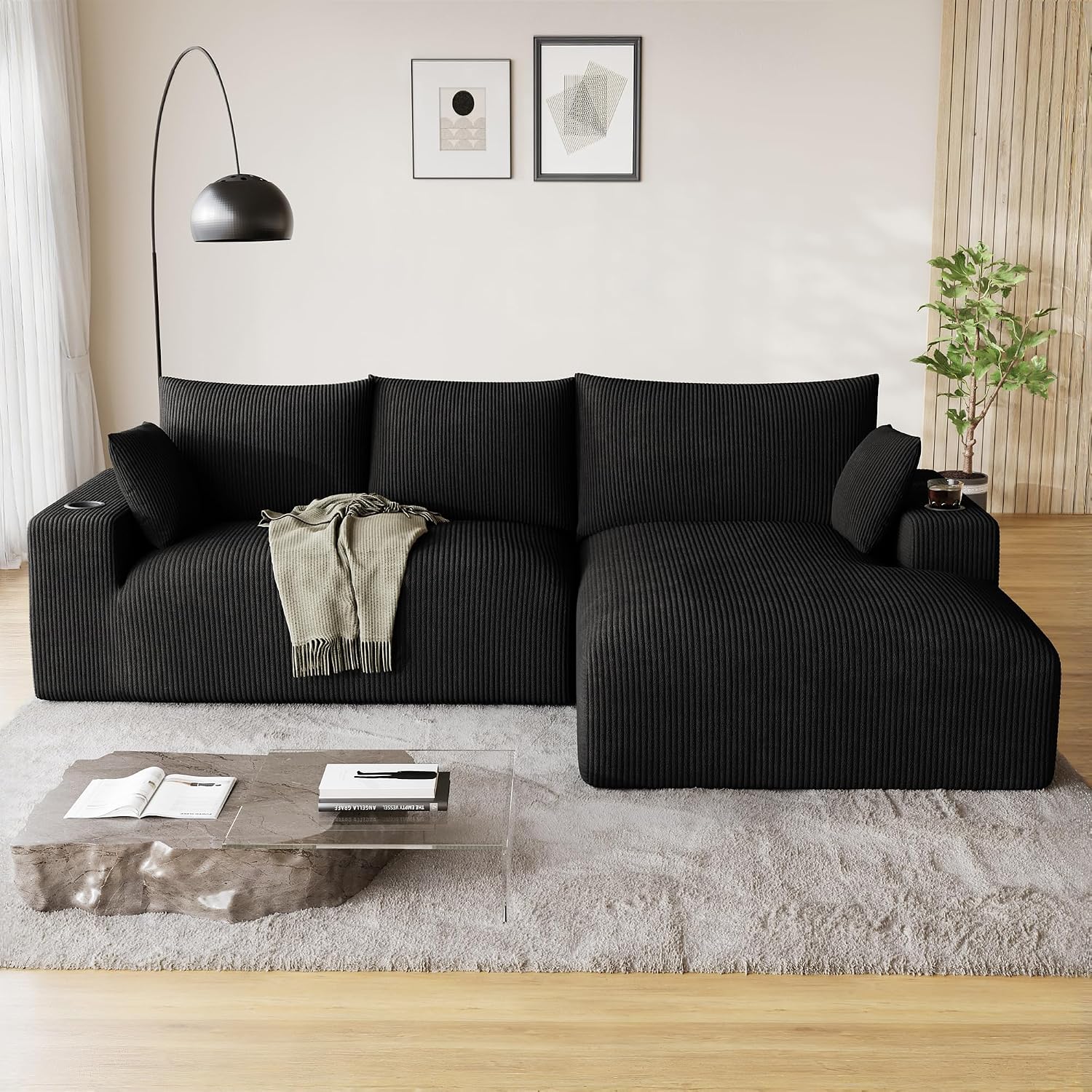 Oversized L Shaped Boneless Couch with Wide Right-Facing Chaise, 113' Fluffy Cloud Sectional Couches for Living Room, Plush Corduroy Memory Foam Modular Sectional Sofa with Cup Holder, Black
