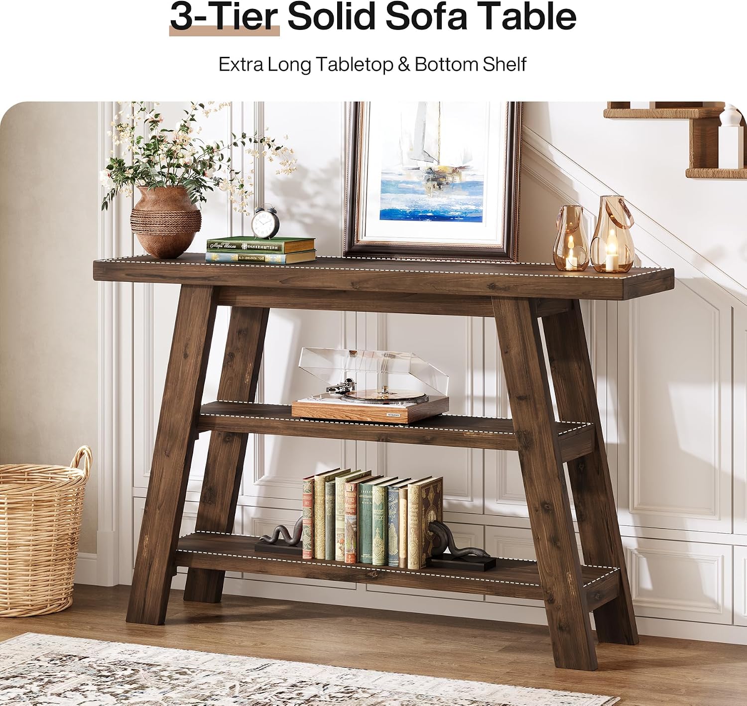 Solid Wood Console Table, 47.24' Long Farmhouse Entryway Table with 3-Tier Shelves, Rectangular Couch Tables Behind Sofa, Narrow Accent Tables for Hallway, Entrance, Foyer, Living Room (Dark Brown)
