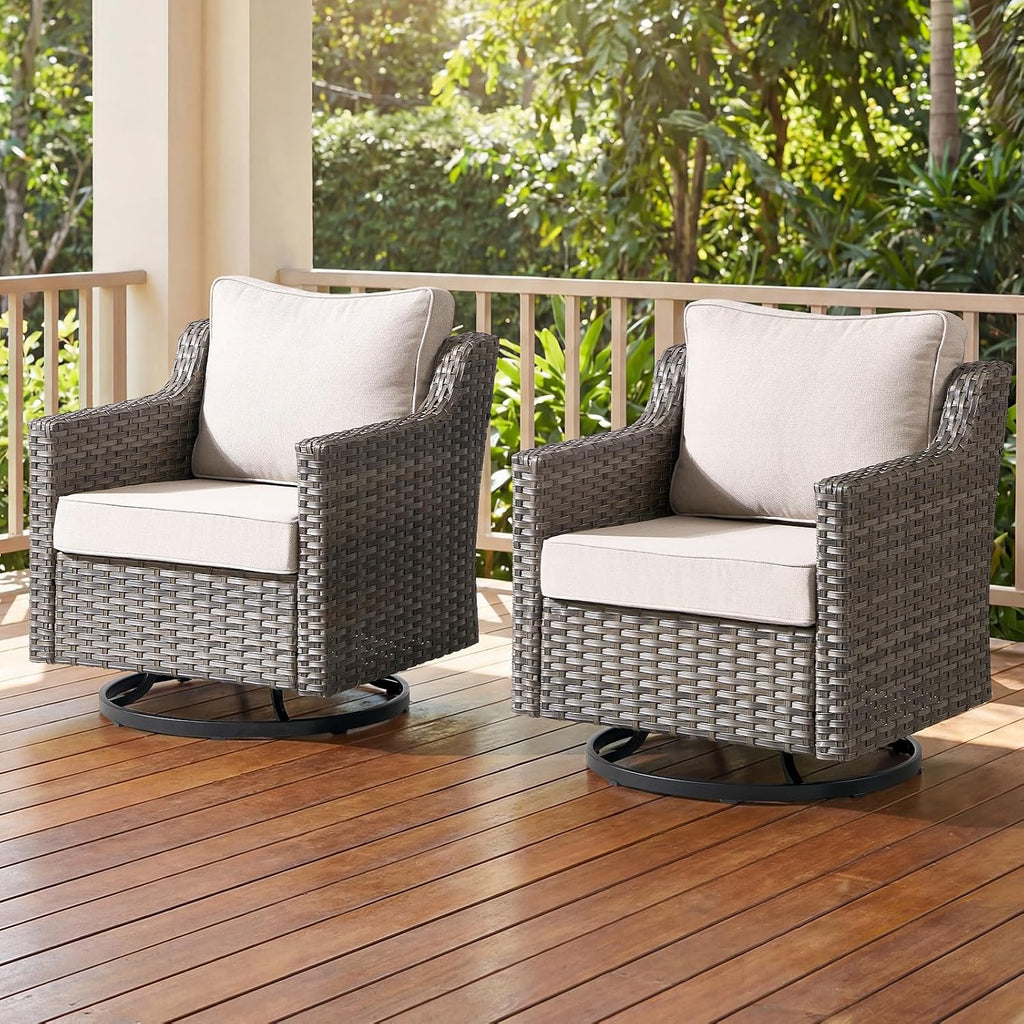Luxury Patio Furniture Chairs Set - 2 Pieces All Weather Wicker Outdoor Couch and High Back Swivel Rocker Patio Chairs for Deck Yard and Poolside Gray Wicker | Beige Cushions
