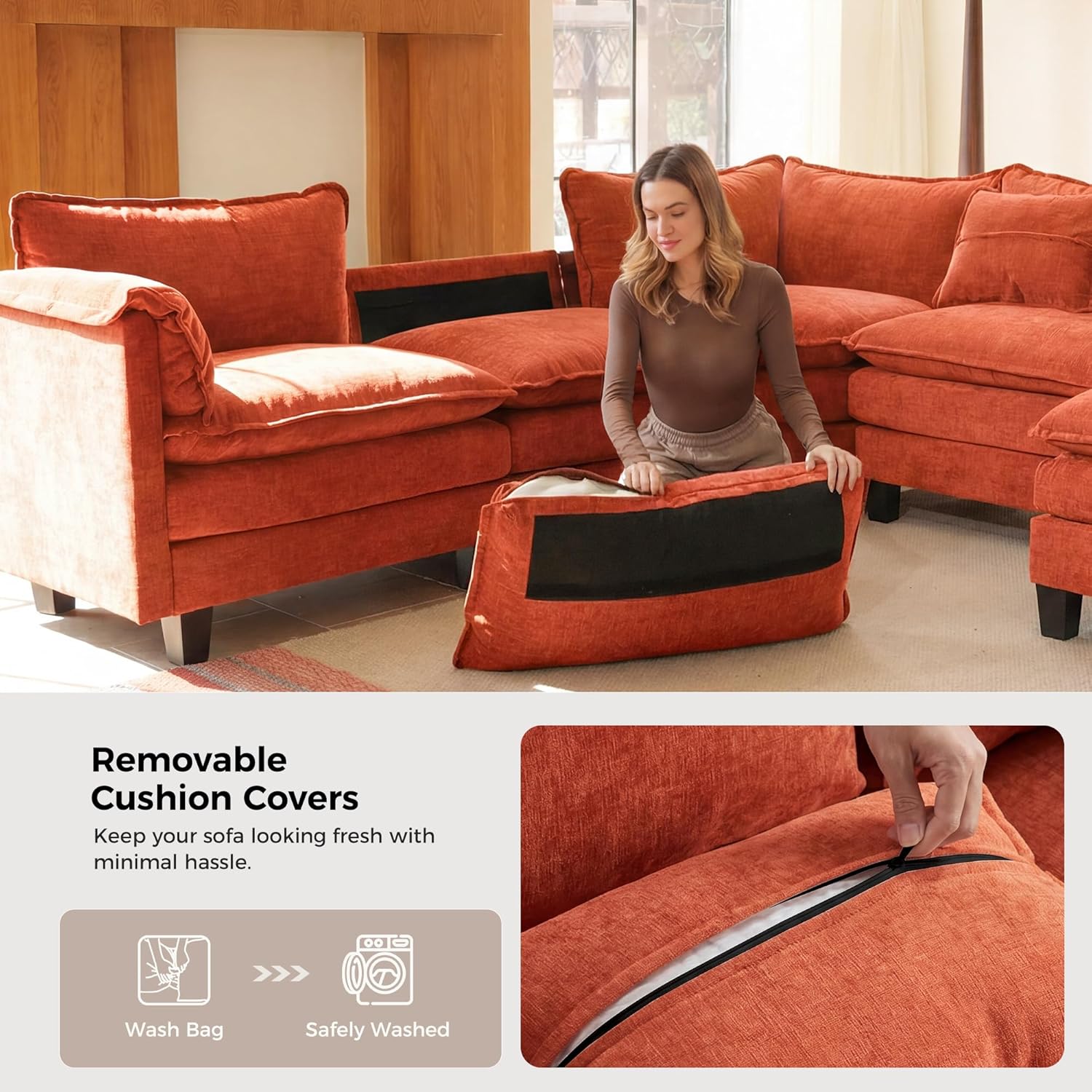 ELUCHANG Oversized 79' Modular Sectional Sofa Bed, Comfy Cloud Couch for Living Room, Modern Sofa with 2 Ottoman, Apartment Couch, DIY Combination - Chenille Terracotta