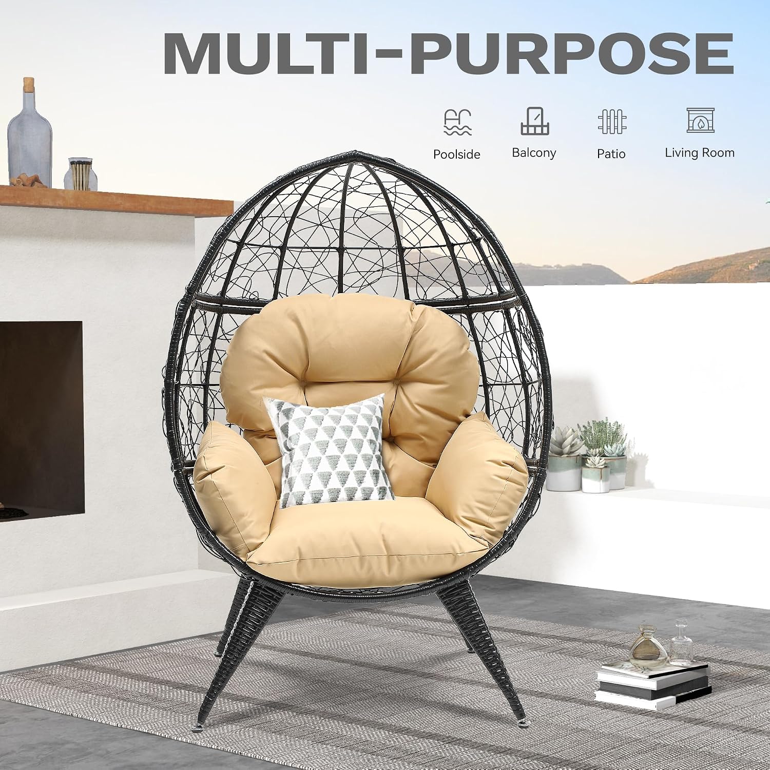 DWVO Egg Chair Patio Rattan Chair with Stand Anti-Slip All-Weather Poratble Adjustable Chair Feet Wicker Egg Lounger Chair for Indoor Outdoor 330LBS (Beige)