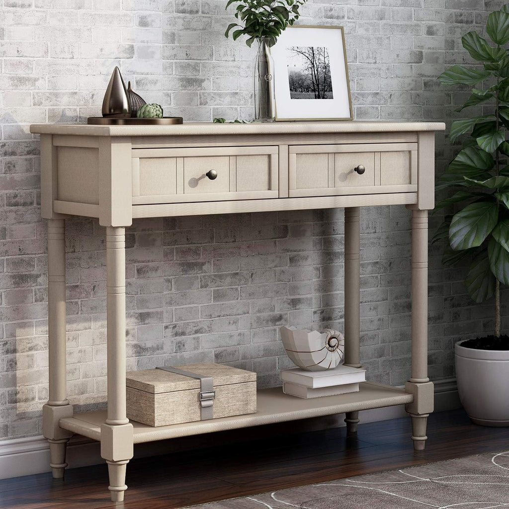 Bellemave Console Table with Drawers, Retro Entryway Table with 2 Drawers and Open Storage Shelf, Narrow Long Sofa Table, Behind Couch Table for Living Room, Foyer and Hallway, Retro Grey