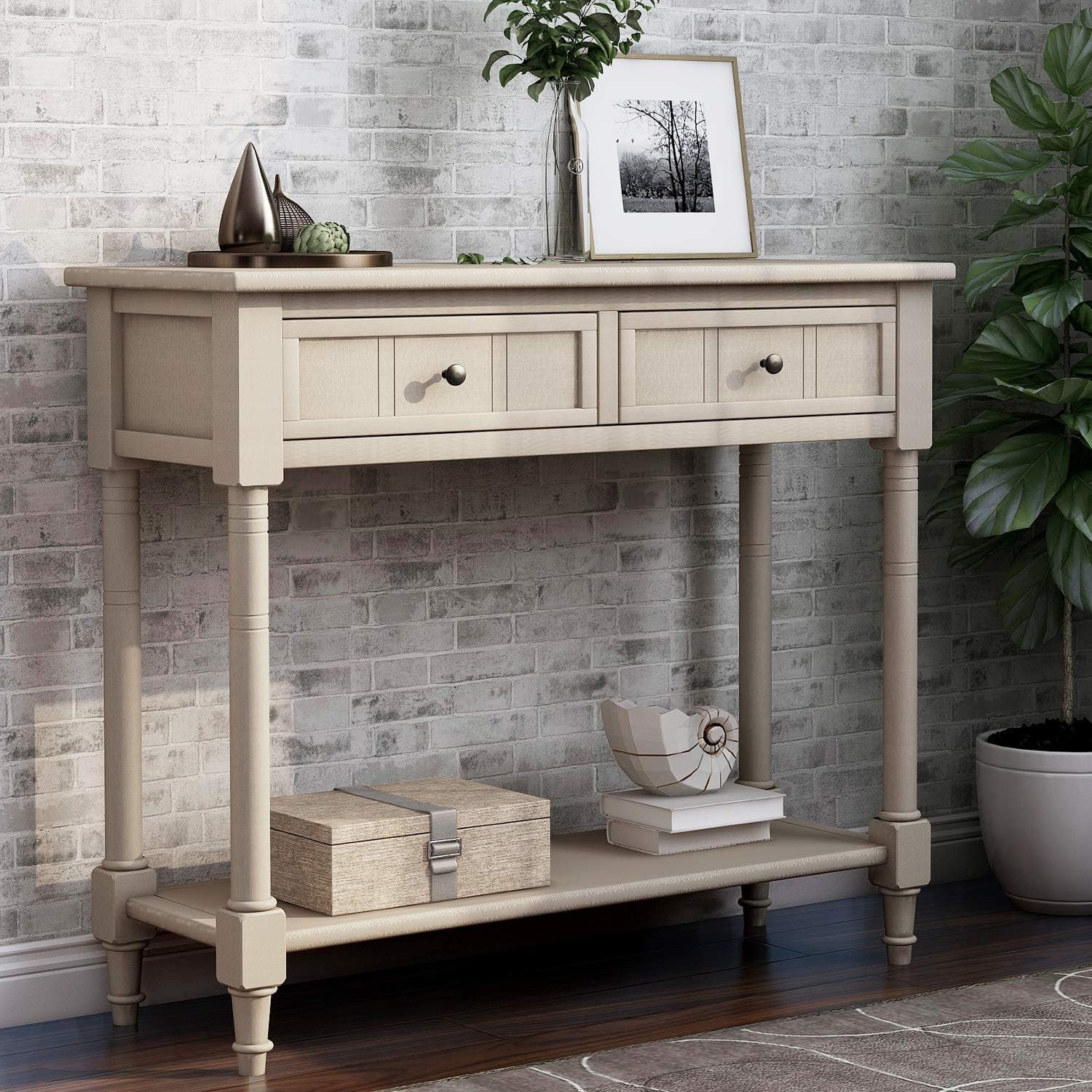 Bellemave Console Table with Drawers, Retro Entryway Table with 2 Drawers and Open Storage Shelf, Narrow Long Sofa Table, Behind Couch Table for Living Room, Foyer and Hallway, Retro Grey