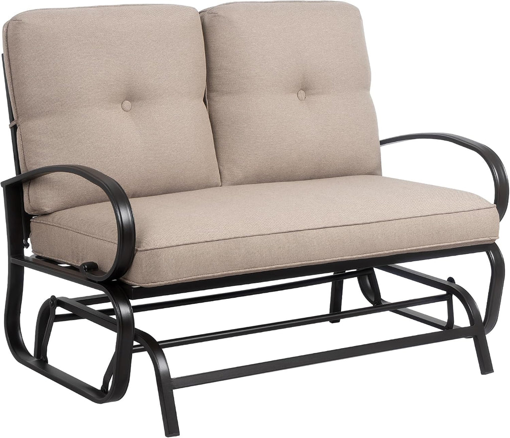 JY QAQA Outdoor Patio Metal Glider Rocking Bench, Garden Porch Furniture Glider, Wrought Iron Chair Set with Cushion, Beige