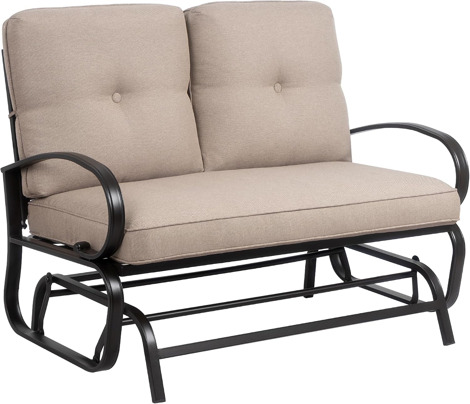 JY QAQA Outdoor Patio Metal Glider Rocking Bench, Garden Porch Furniture Glider, Wrought Iron Chair Set with Cushion, Beige