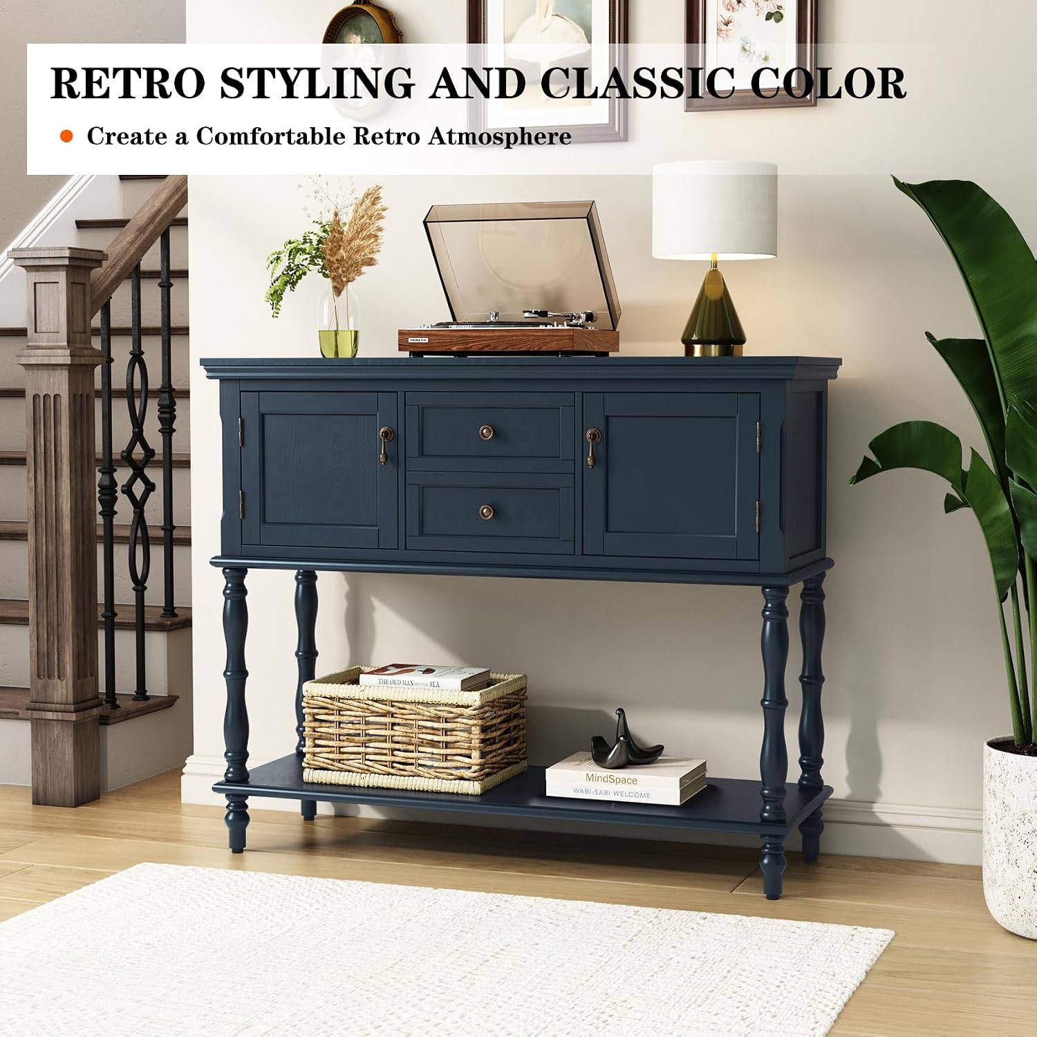 ARTPOWER Console Table with 2 Drawers, Retro Entryway Table with 2 Door Cabinets and Open Storage Shelf, Narrow Long Behind Couch Sofa Table for Living Room, Foyer, Hallway, Blue
