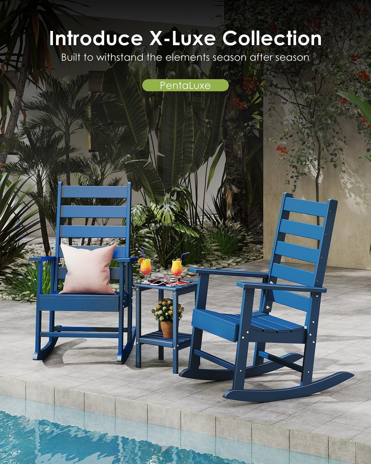 GREENVINES Outdoor-Rocking-Chairs-Set-of-2 | HDPE Plastic | Patio Rockers | Porch Rocker Chair | Shaker | Oversized | High Ladder Back | Big & Tall | PentaLuxe | Blue