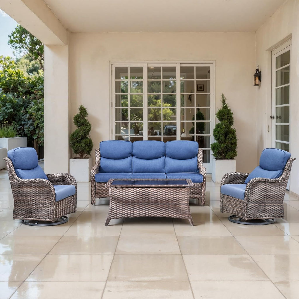 Outdoor Swivel Rocker Patio Chairs Set of 4 with Sofa - 5' Thick Cushion 4 Piece Furniture Set with Sofa All Weather Wicker Conversation Set for Porch Deck - Brown Wicker | Blue Cushions