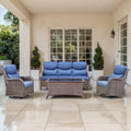 Outdoor Swivel Rocker Patio Chairs Set of 4 with Sofa - 5' Thick Cushion 4 Piece Furniture Set with Sofa All Weather Wicker Conversation Set for Porch Deck - Brown Wicker | Blue Cushions