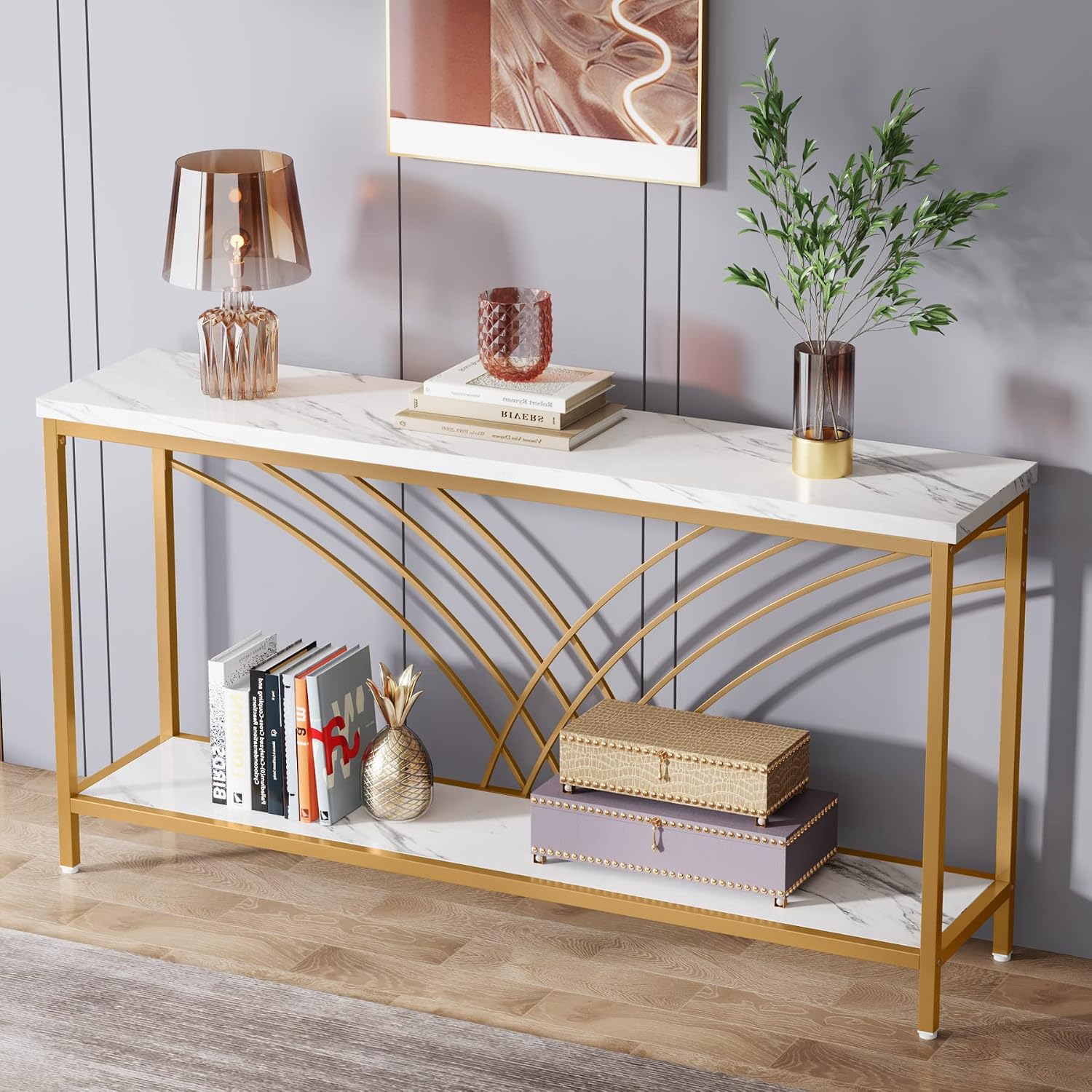 Tribesigns 70.9 inch Extra Long Console Table, Faux Marble Entryway Table with 2 Tier Storage Shelf, Narrow Sofa Table Behind Couch, Modern Hallway Accent Table for Living Room, White and Gold