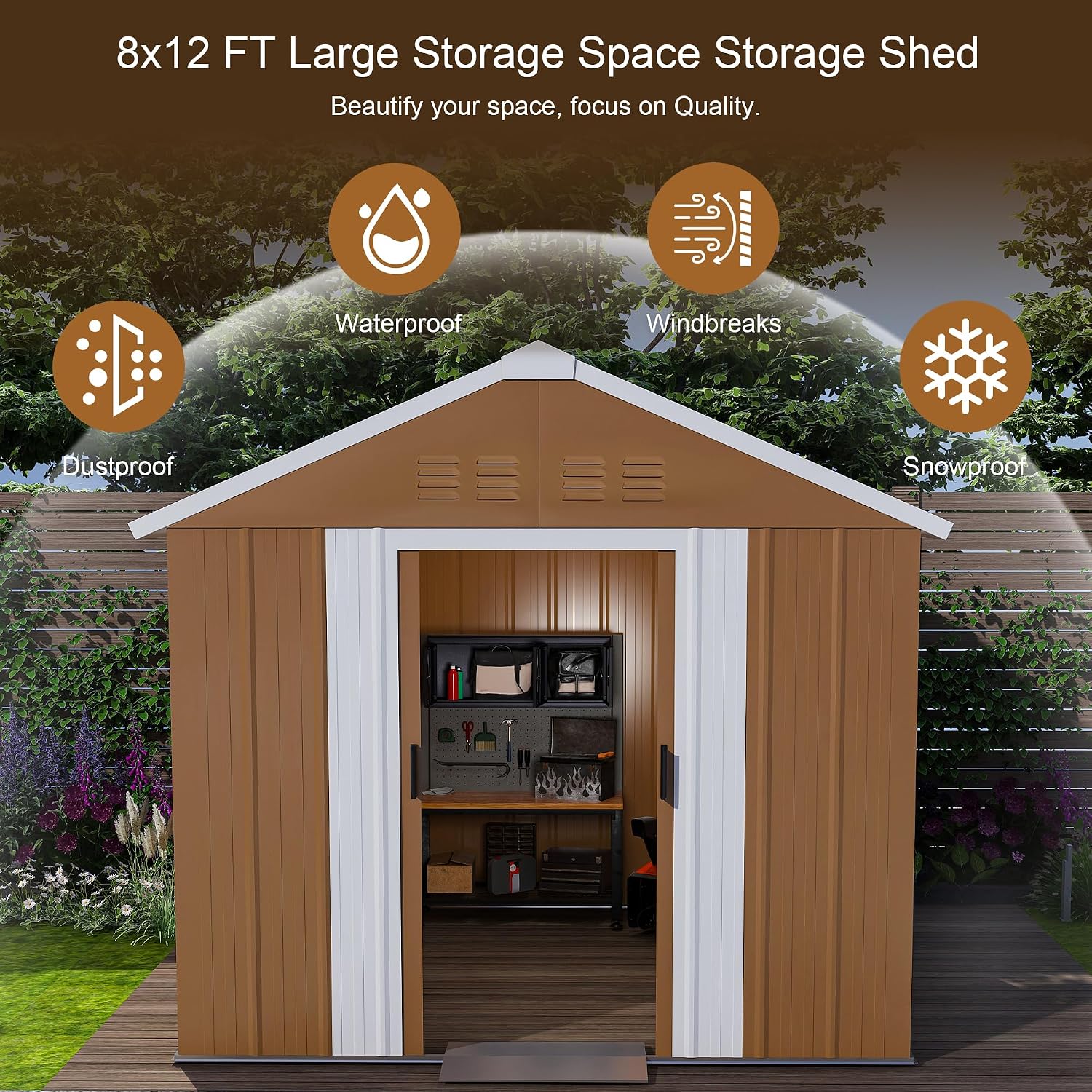 6x4 FT Outdoor Steel Storage Shed with Clear Windows, Sliding Lockable Door & Ventilation, Brown and White Weather-Resistant Metal Tool Shed for Garden, Backyard, Lawn, and Utility Storage