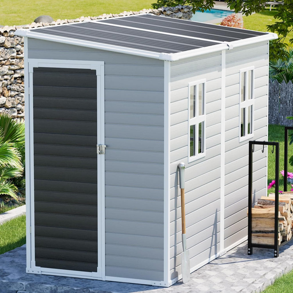 CDCASA 4x8 FT Resin Lean to Shed, Waterproof Outdoor Storage Sheds with Floor Included & Lockable Door & Window, Outside Plastic Tool Shed for Backyard, Patio,Garden, Poolside,Sloped Roof, Grey