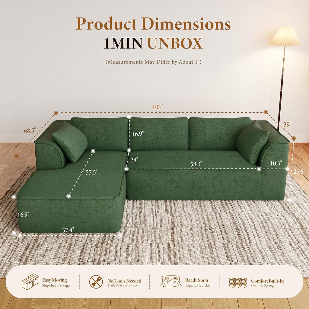 Vesgantti 106' Cloud Couch Sectional Modular Sofa, Deep Seat Comfy Cloud Couch Chenille Memory Foam Sofa Modular Couches for Living Room Bedroom, No Assembly Required (Green, Left-Facing Chaise)