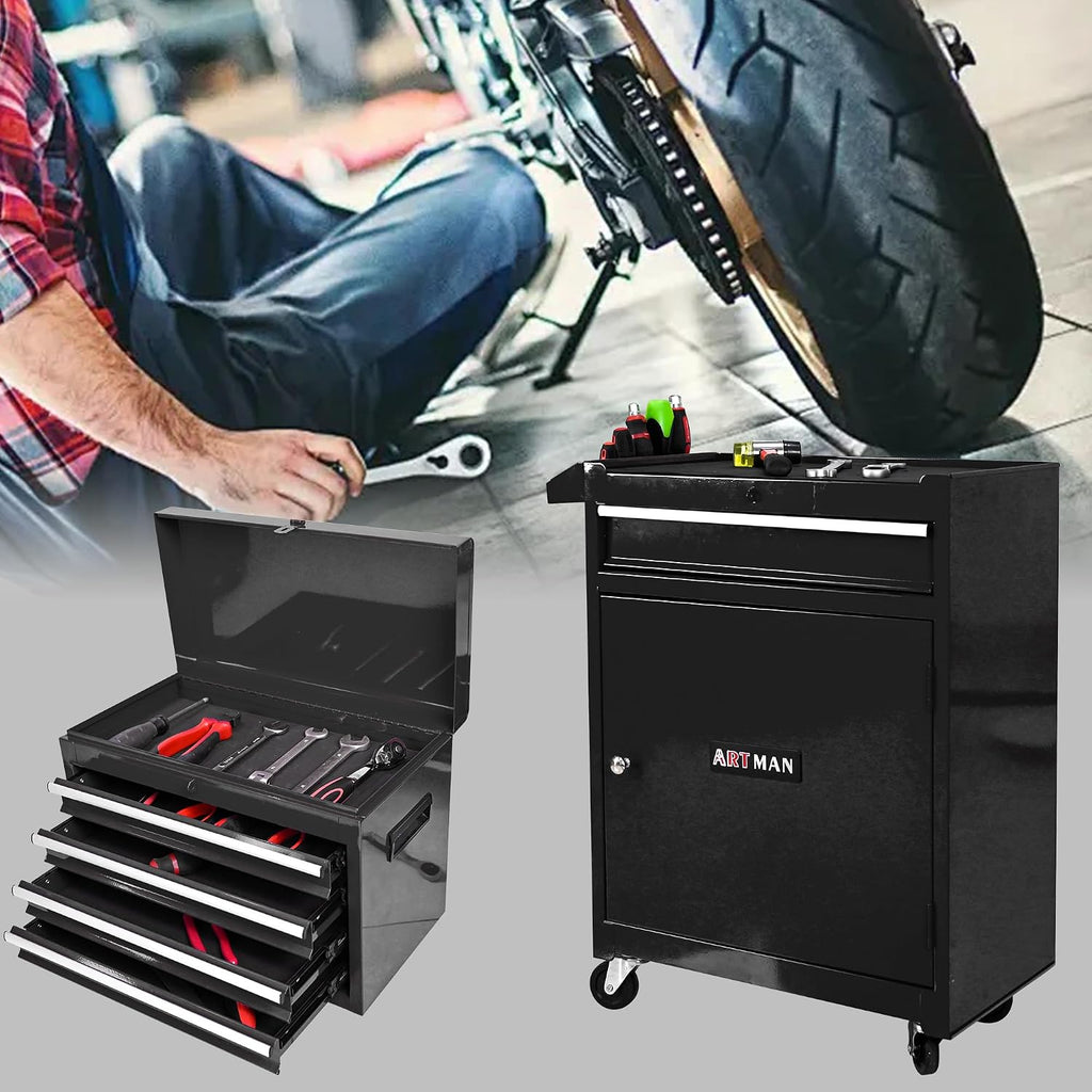5-Drawer Tool Chest, Rolling Tool Box with Detachable Top Toolbox & Universal Wheels, Tool Cabinet with Lock Bar, Protective Liner & Tool Rack, Metal Storage Cart for Garage,Workshop (Black)
