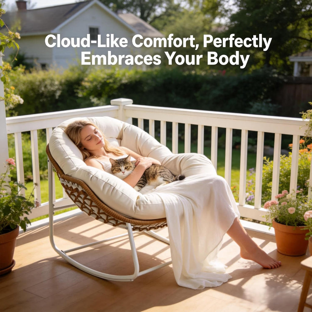 YDcosyfy Oversized Outdoor Papasan Rocking Chair with Soft Cushion, Comfy Patio Egg Chair, Wicker Lounge Rocker for Balcony/Porch/Garden, Reinforced All Weather Rattan Frame, 330 lbs Support, Cream