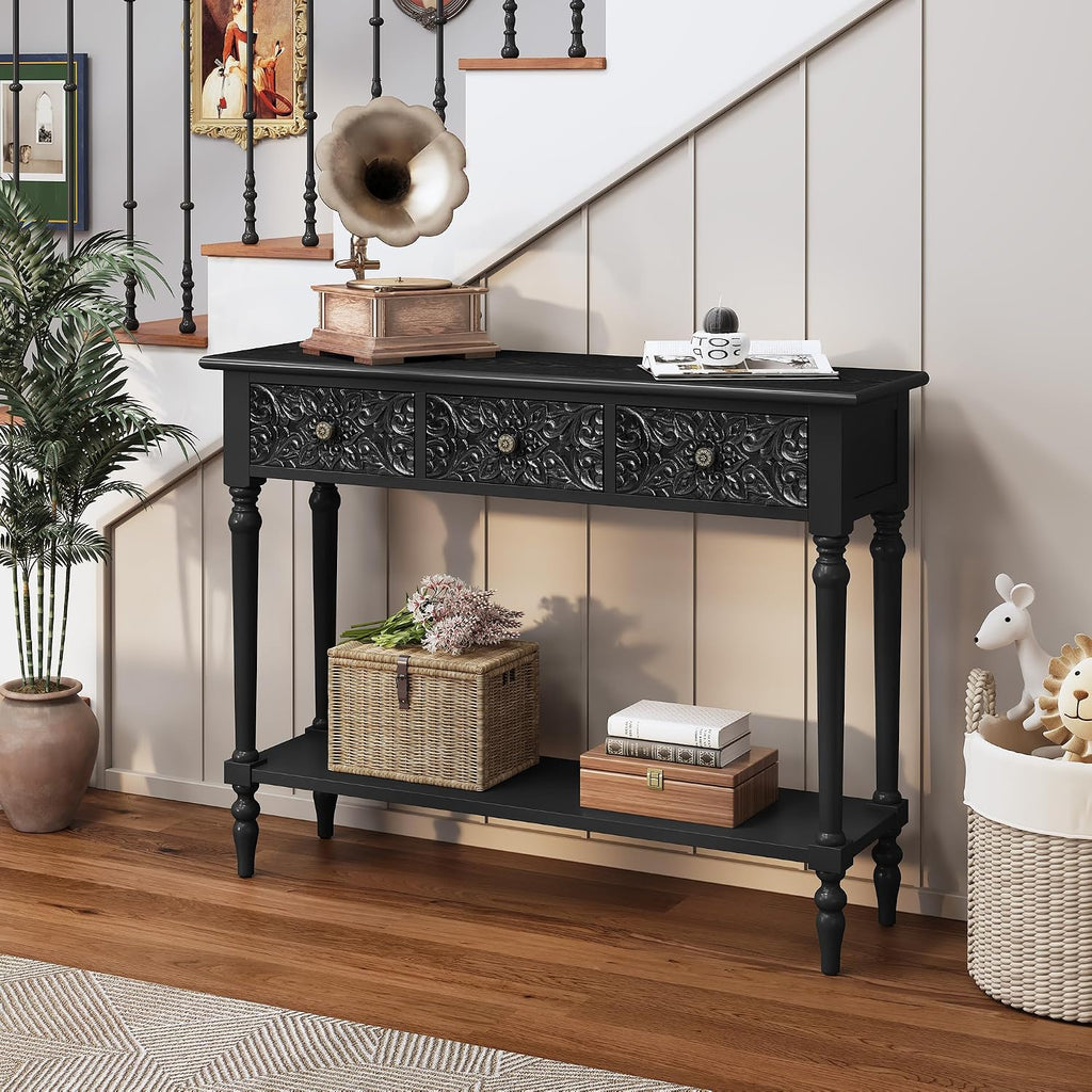 3More Entryway Console Table with 3 Drawers,42' Carved Hallway Table with Open Shelf,Long Sofa Table for Living Room, Hallway, Behind Couch,Black