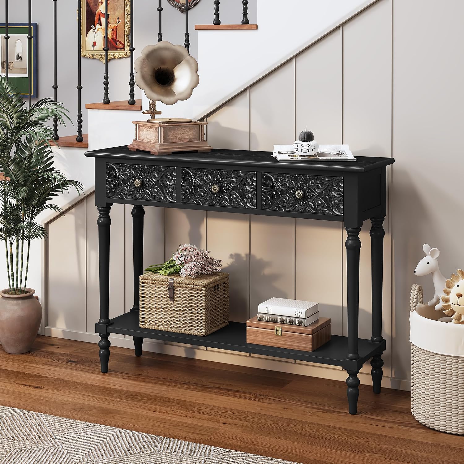 3More Entryway Console Table with 3 Drawers,42' Carved Hallway Table with Open Shelf,Long Sofa Table for Living Room, Hallway, Behind Couch,Black