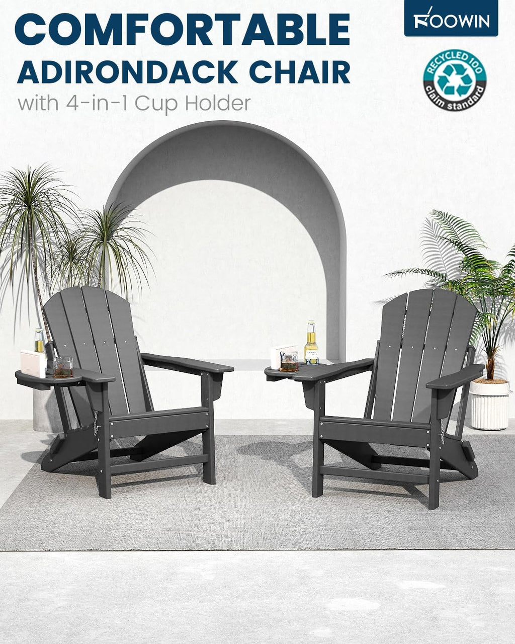 FOOWIN Folding Adirondack Chair, HDPE Adirondack Chairs with Cup Holder, Weather Resistant Plastic Fire Pit Chairs for Outdoor, Patio, Lawn, Garden, Backyard, Deck, Grey