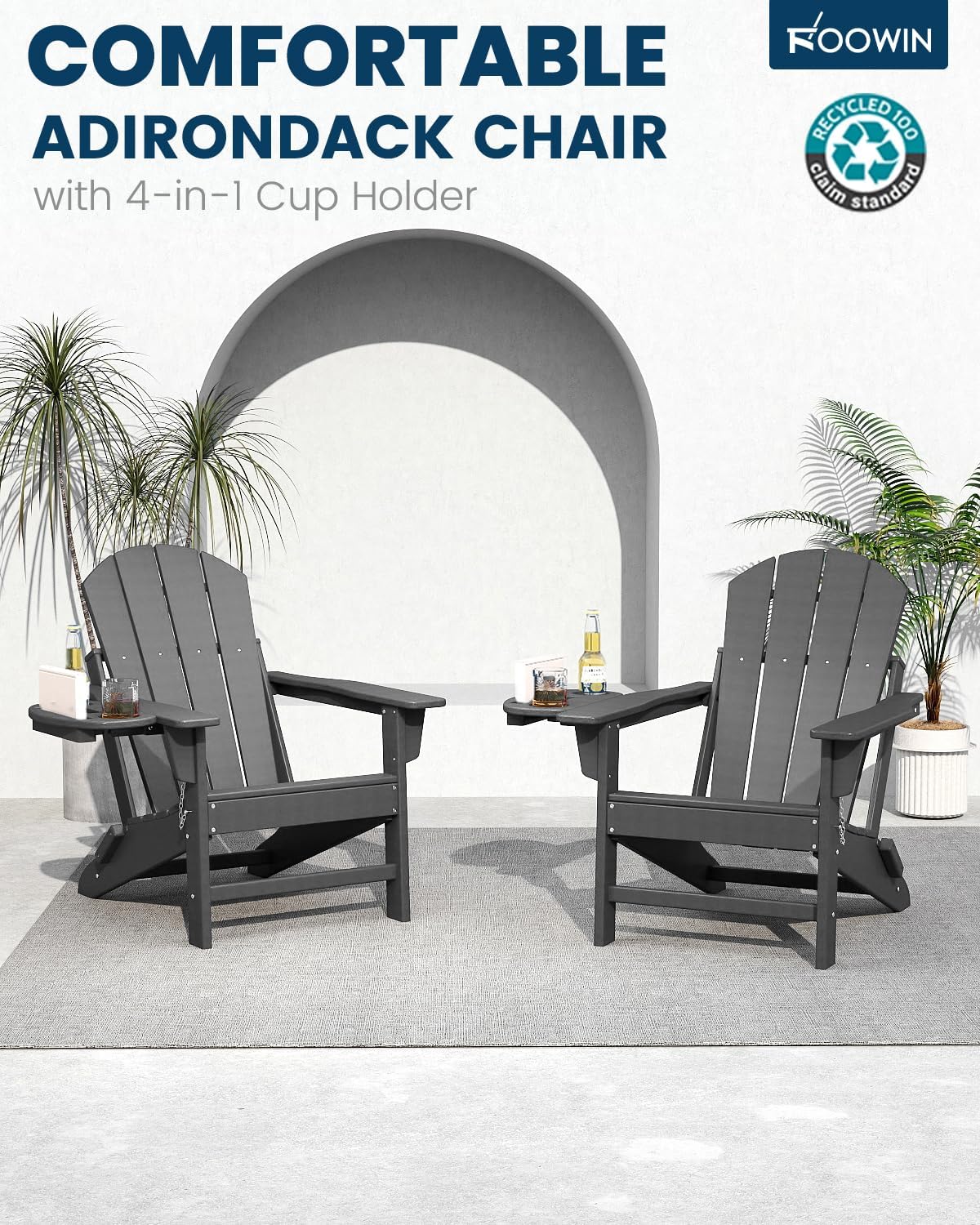 FOOWIN Folding Adirondack Chair, HDPE Adirondack Chairs with Cup Holder, Weather Resistant Plastic Fire Pit Chairs for Outdoor, Patio, Lawn, Garden, Backyard, Deck, Grey