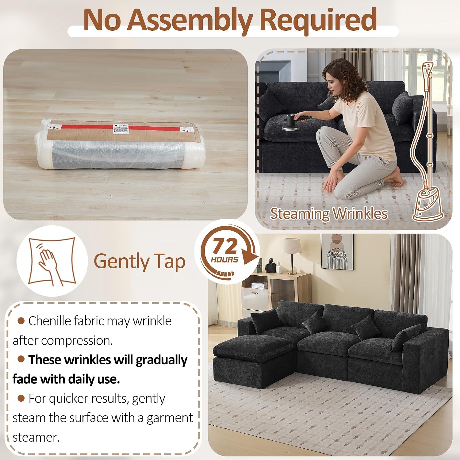 115''Cloud Boneless Sectional Couch, Modular Sectional Sofa Deep Seat with Ottoman, Oversized Upholstered Convertible Comfy 4 Seater Chenille Sofa L Shape Couches for Living Room, Dark