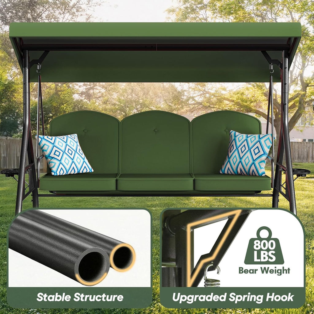 ZZW 3 Seat Outdoor Porch Patio Swing with Stand 800lbs 2-in-1 Convertible Swing Bed with Adjustable Canopy & Removable Cushion for Yard Garden Deck (Green, Round Tube)
