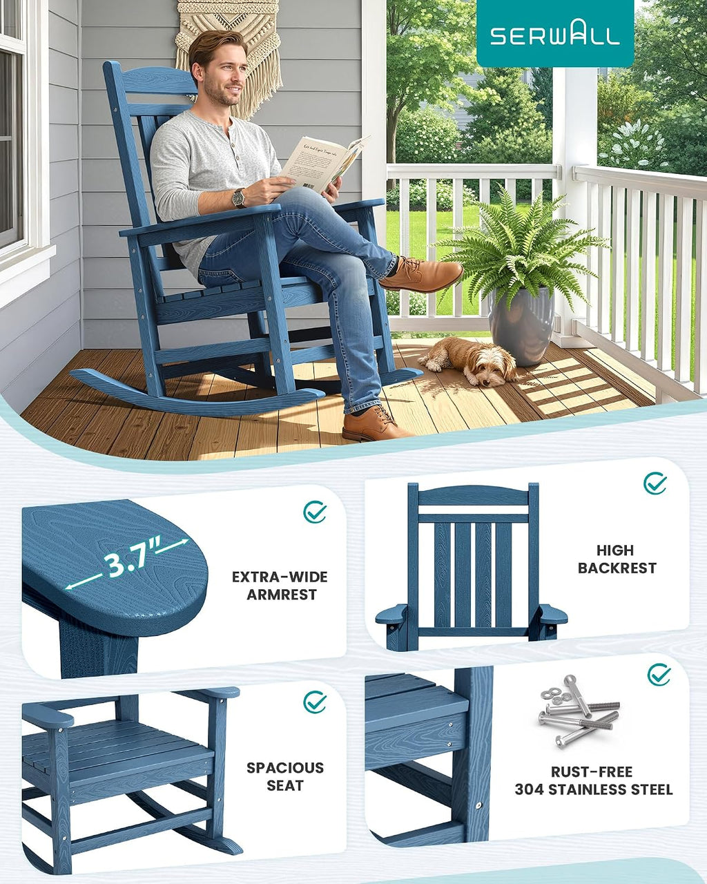 SERWALL Oversized Rocking Chairs Set of 4, HDPE Outdoor Rocking Chair, All-Weather Porch Rockers for Patio, Blue