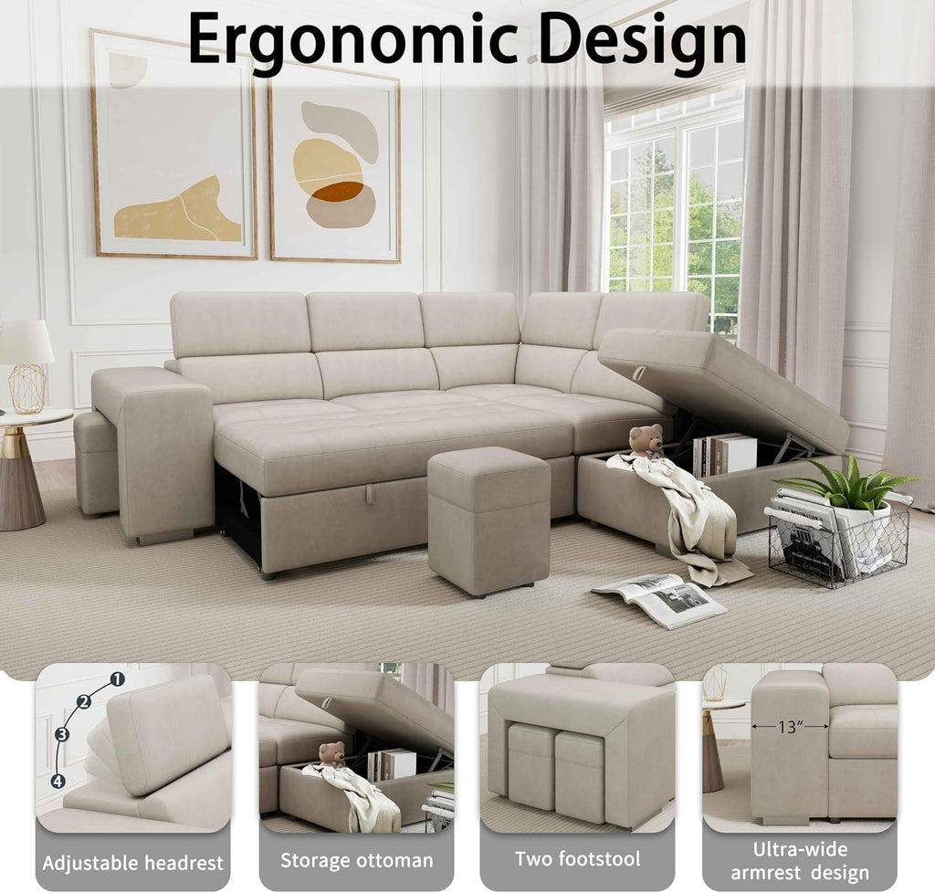 THSUPER 104'' Microfiber L Shaped Sectional Sleeper Sofa Couch with Pull Out Bed and Storage Ottoman, Convertible Couches with Adjustable Headrest for Living Room, Right Facing Chaise. Beige