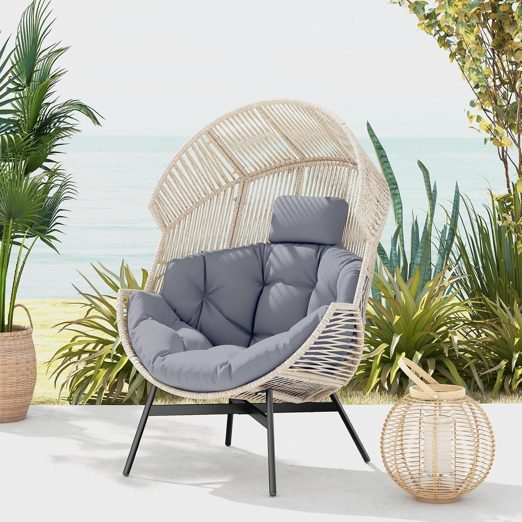 Tangkula Oversized Egg Style Chair, Wicker Stationary Patio Egg Chair w/Cushions & Headrest, Heavy-Duty Metal Frame, Patio Lounge Basket Sofa Chair for Yard, Porch, Living Room