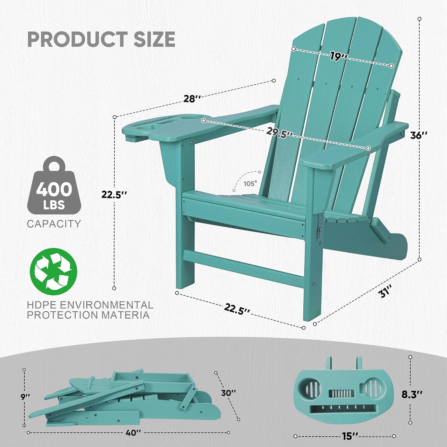 FOOWIN Folding Adirondack Chair, HDPE Adirondack Chairs with Cup Holder, Weather Resistant Plastic Fire Pit Chairs for Outdoor, Patio, Lawn, Garden, Backyard, Deck, Lake Blue