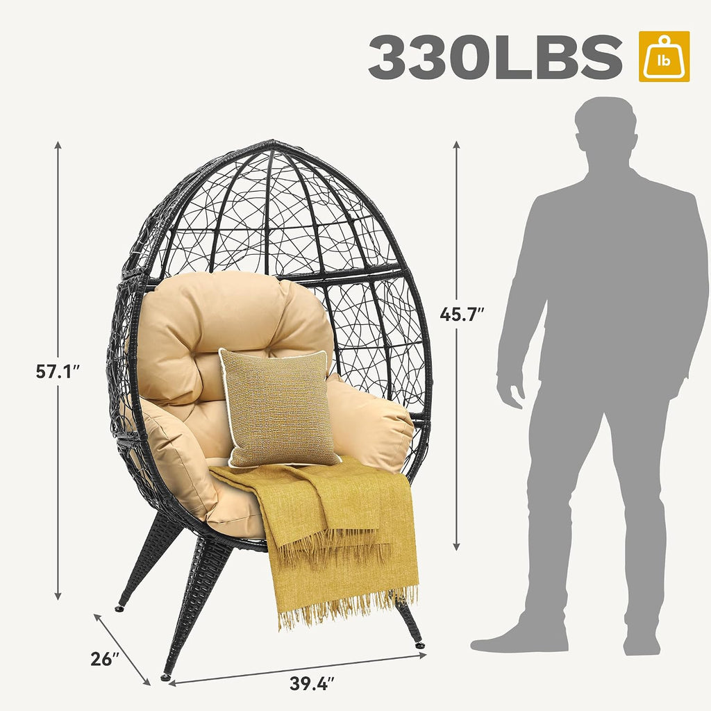 DWVO Egg Chair Patio Rattan Chair with Stand Anti-Slip All-Weather Poratble Adjustable Chair Feet Wicker Egg Lounger Chair for Indoor Outdoor 330LBS (Beige)