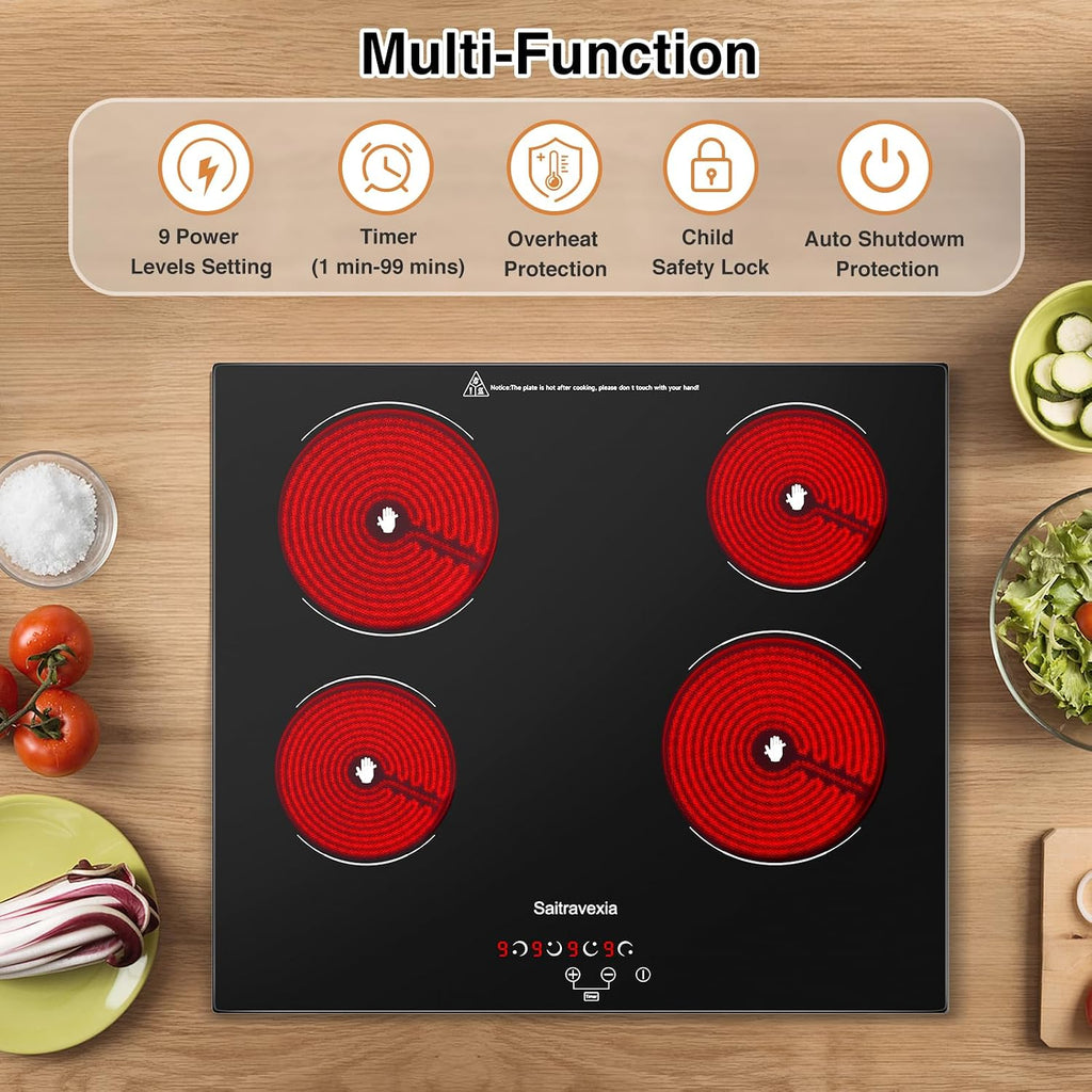 Electric Cooktop 24 Inch 4 Burners Built-in Electric Stove Top with Sensor Touch Control Child Safety Lock 9 Heating Power Settings, 6800 High Power, 220-240v Hard Wired