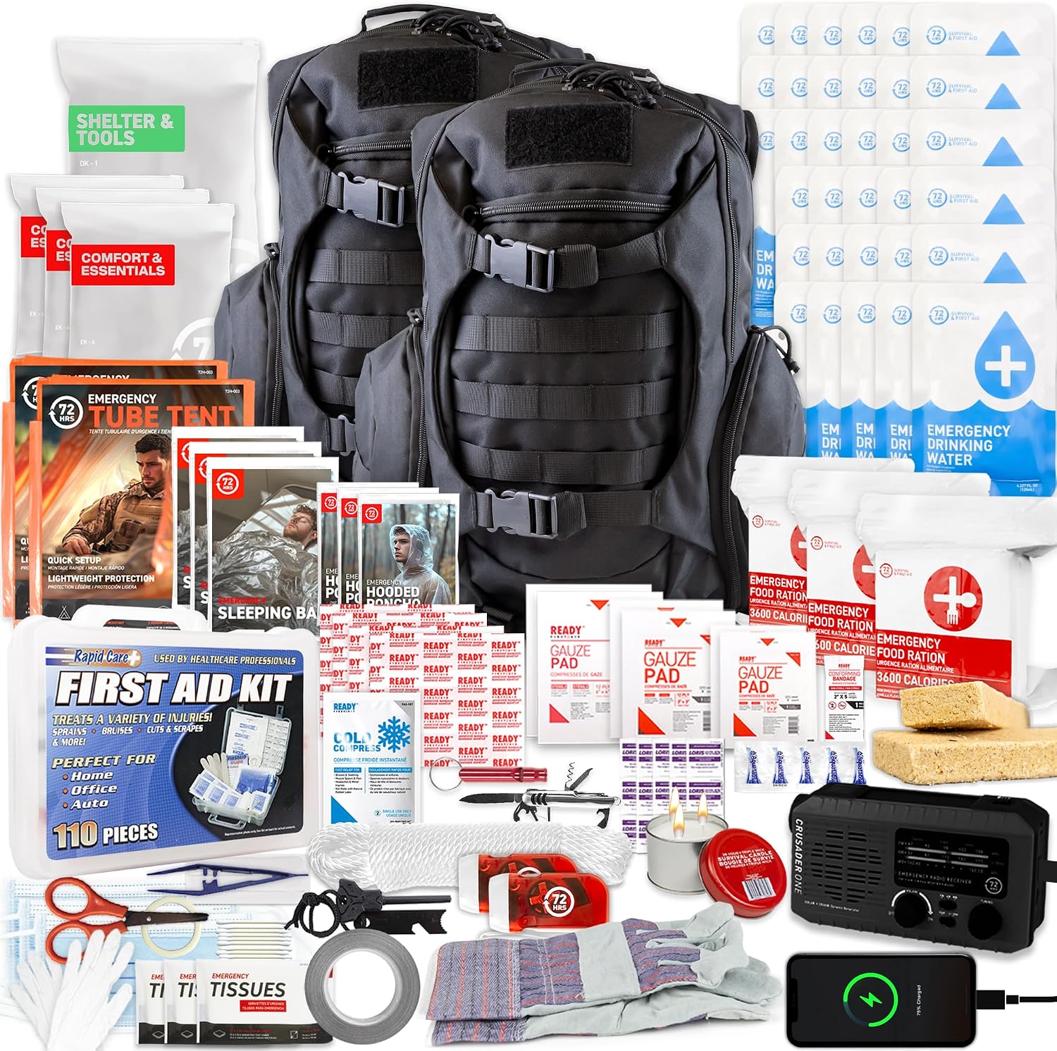 72 HRS Deluxe Emergency Survival Kit - Heavy Duty 72 Hour Bag Survival Kit for Earthquake, Hurricane, Tsunami, Winter, Blackout - Includes Emergency First Aid Kit, Water, Food