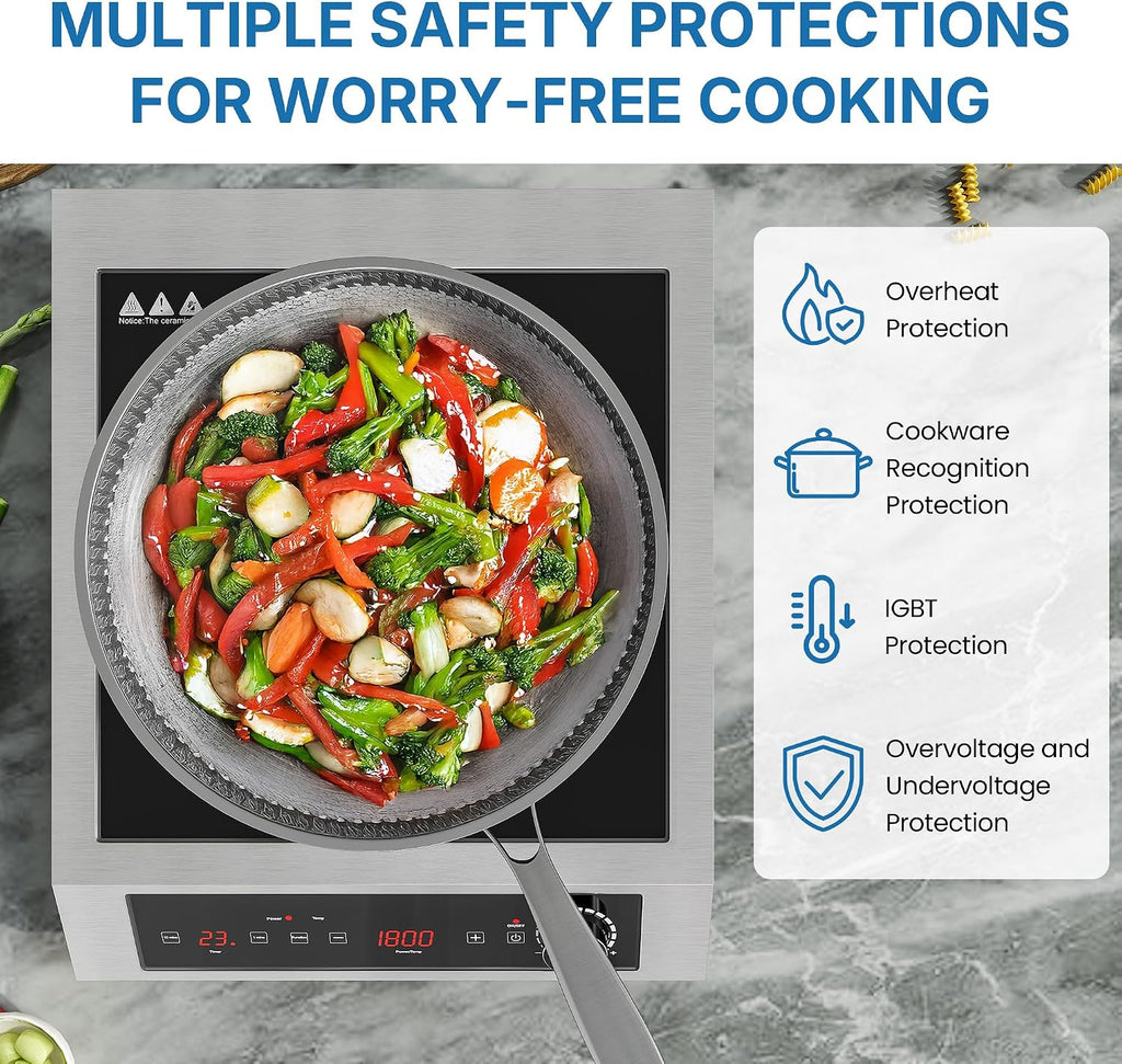 Commercial Induction Cooktop 1800W, Professional Electric Countertop Burner, 10 Power & 10 Temp Setting, Induction Hot Plate with Timer, Electric Stove with LED Screen, Black