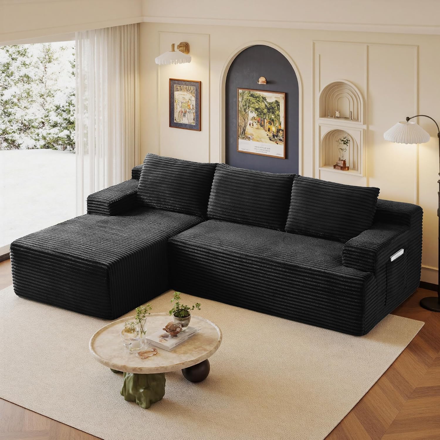 96' Sectional Couches for Living Room Cloud Couch Sofa with L-Shape Upholstered Boneless Couchs Modern Modular Sectional Couch with Chaise (Black, 96' W+Left Facing Chaise+2Seaters)