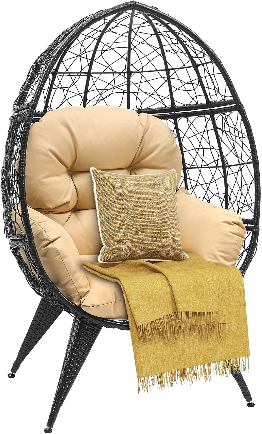 DWVO Egg Chair Patio Rattan Chair with Stand Anti-Slip All-Weather Poratble Adjustable Chair Feet Wicker Egg Lounger Chair for Indoor Outdoor 330LBS (Beige)