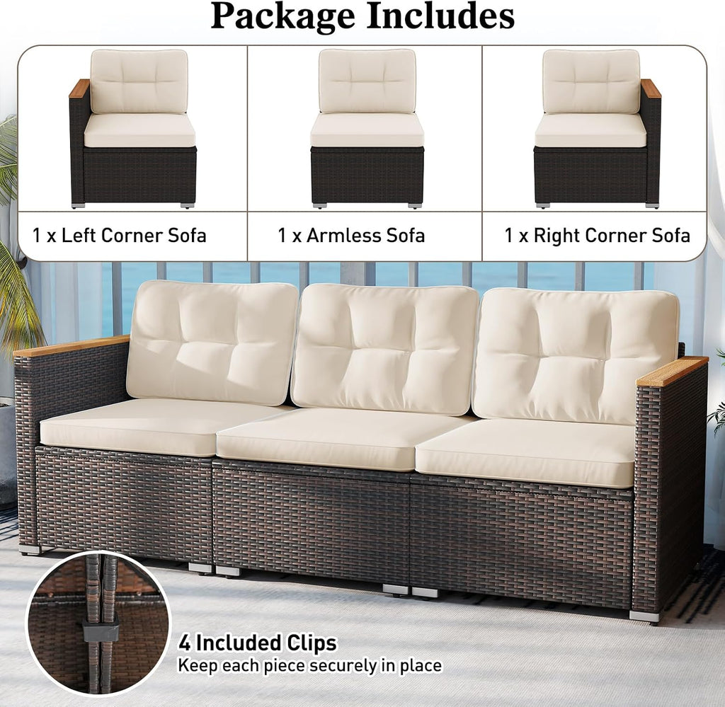 Tangkula 3-Seat Patio Wicker Couch Sofa, Outdoor 3 Seater Rattan Furniture Set with Acacia Wood Armrests & Thick Cushion, Outside Sectional Sofa Couch for Porch, Deck, Garden and Backyard, Off White