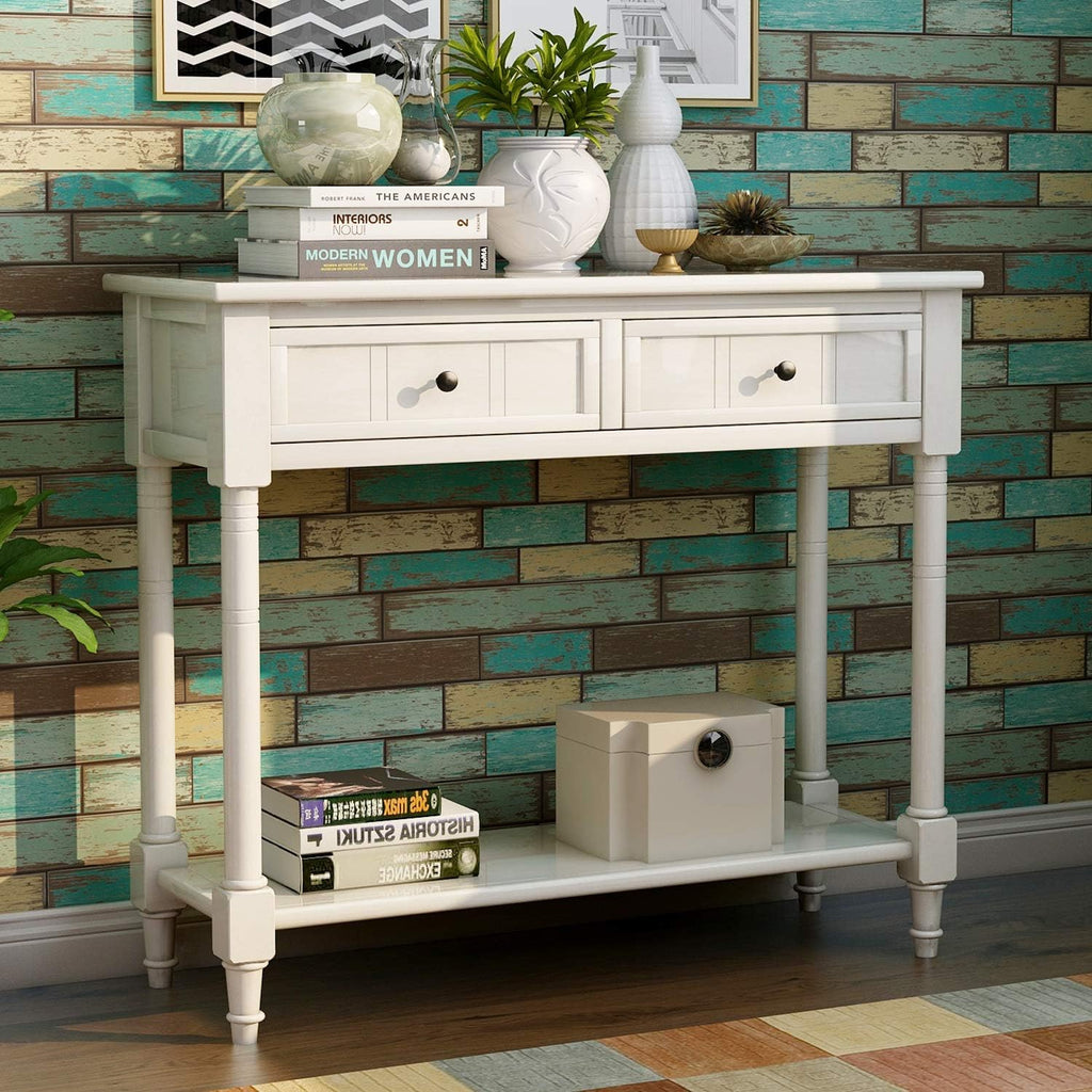 Bellemave Console Table with Drawers, Retro Entryway Table with 2 Drawers and Open Storage Shelf, Narrow Long Sofa Table, Behind Couch Table for Living Room, Foyer and Hallway, Ivory White
