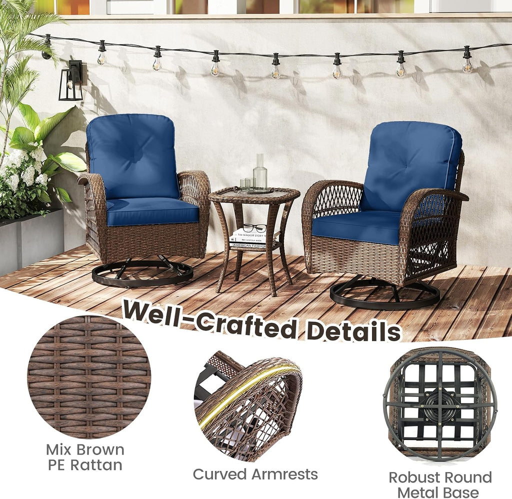 ORALNER 3 Pieces Wicker 360° Swivel Rocker Set Patio Furniture, Rocking Chairs with Cushions, Tempered Glass Coffee Table, Outdoor Rattan Bistro Set for Balcony Front Porch Deck Poolside (Navy)
