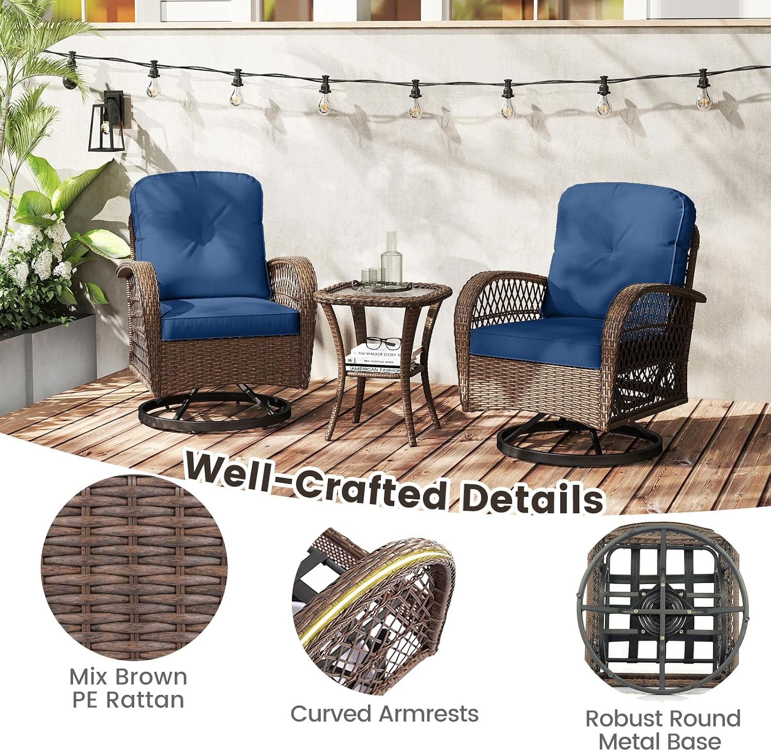 ORALNER 3 Pieces Wicker 360° Swivel Rocker Set Patio Furniture, Rocking Chairs with Cushions, Tempered Glass Coffee Table, Outdoor Rattan Bistro Set for Balcony Front Porch Deck Poolside (Navy)