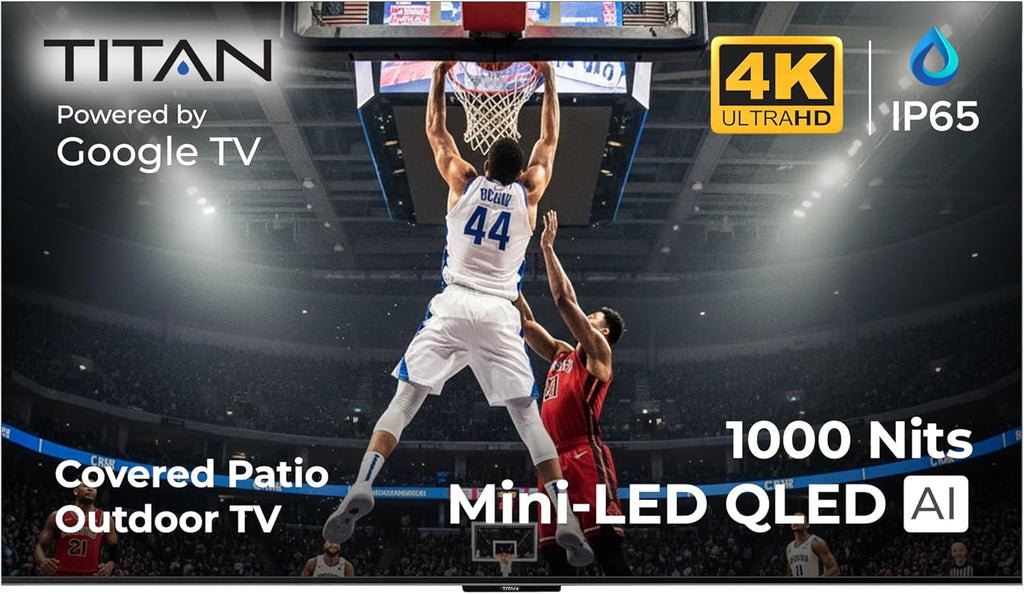 Titan G100 Mini-QLED 65 Inch Outdoor TV, Covered Patio, IP65 Smart Weatherproof TV, 4K HDR, 144 Hz, Google AI OS, 1000 Nits, Wi-Fi 5, Dolby Vision&Atmos, Onkyo, Outdoor TV Cover, Slim Bezel, 2 Yr Wty