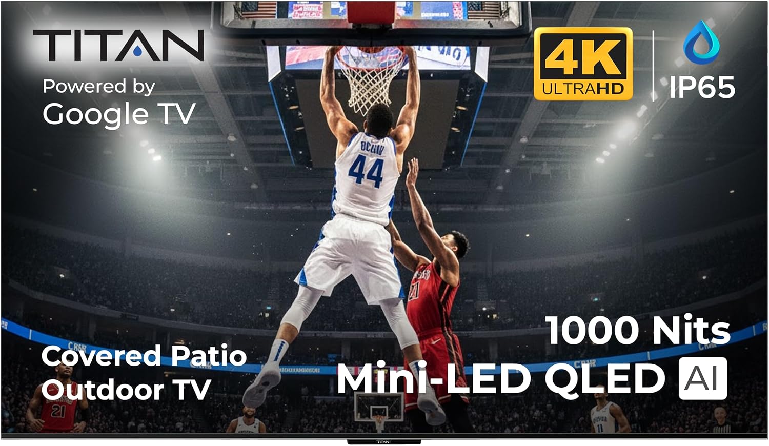 Titan G100 Mini-QLED 55 Inch Outdoor TV, Covered Patio, IP65 Smart Weatherproof TV, 4K HDR, 144 Hz, Google AI OS, 1000 Nits, Wi-Fi 5, Dolby Vision&Atmos, Onkyo, Outdoor TV Cover, Slim Bezel, 2 Yr Wty