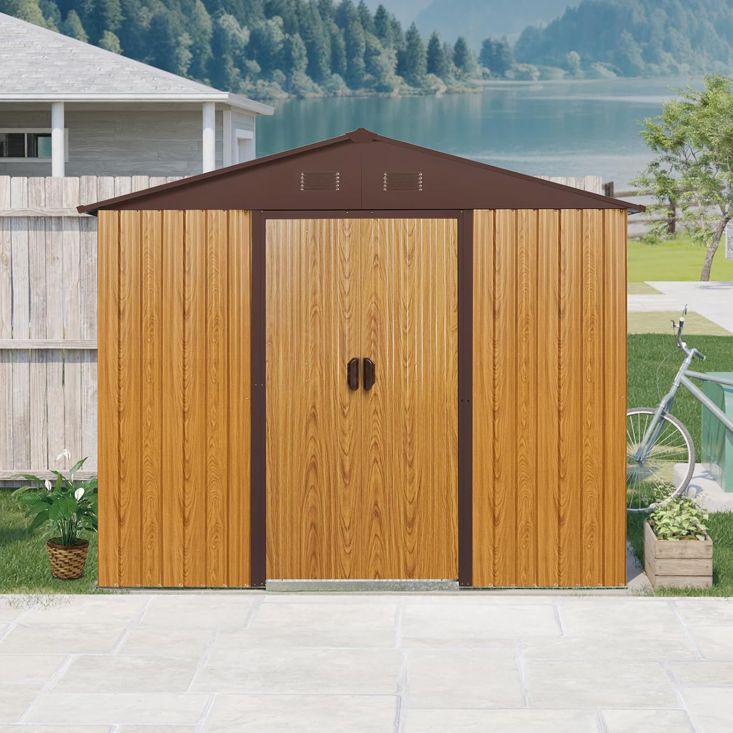 8 X 4 FT Outdoor Storage Shed Large Metal Utility Tool Sheds with Floor Frame and Window Vertical Outside Storage Building with Sliding Door for Backyard Garden Patio Lawn, Coffee