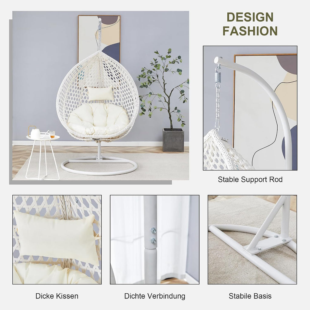 Egg Chair Indoor Outdoor, Hanging Chair for Bedroom, Swing Chair Hammock with Stand & Cushions, Comfy Swinging Adult Reading for Patio Balcony Backyard, Heavy Duty 350LBS, White