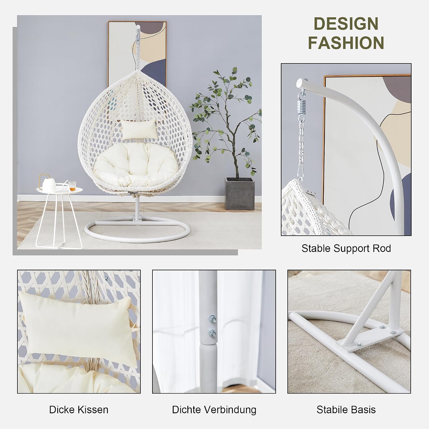 Egg Chair Indoor Outdoor, Hanging Chair for Bedroom, Swing Chair Hammock with Stand & Cushions, Comfy Swinging Adult Reading for Patio Balcony Backyard, Heavy Duty 350LBS, White