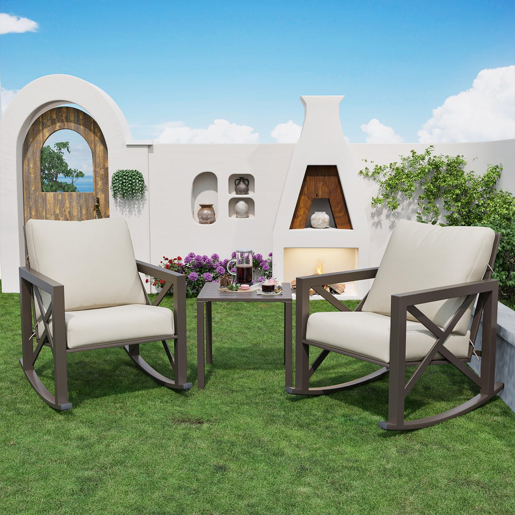 Outdoor Rocking Bistro Set, Patio Rocking Chairs Set of 2 with Coffee Table, 3 Pieces Metal Conversation Sets with 6.5' Thick Cushions for Backyard, Porch, Poolside, Oversized (Beige)