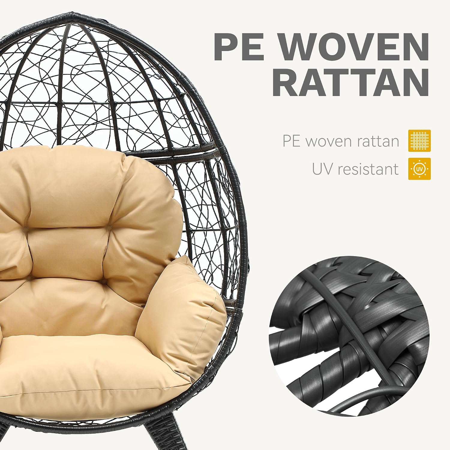 DWVO Egg Chair Patio Rattan Chair with Stand Anti-Slip All-Weather Poratble Adjustable Chair Feet Wicker Egg Lounger Chair for Indoor Outdoor 330LBS (Beige)
