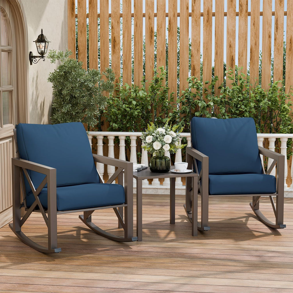 Outdoor Rocking Bistro Set, Patio Rocking Chairs Set of 2 with Coffee Table, 3 Pieces Metal Conversation Sets with 6.5' Thick Cushions for Backyard, Porch, Poolside, Oversized (Blue)