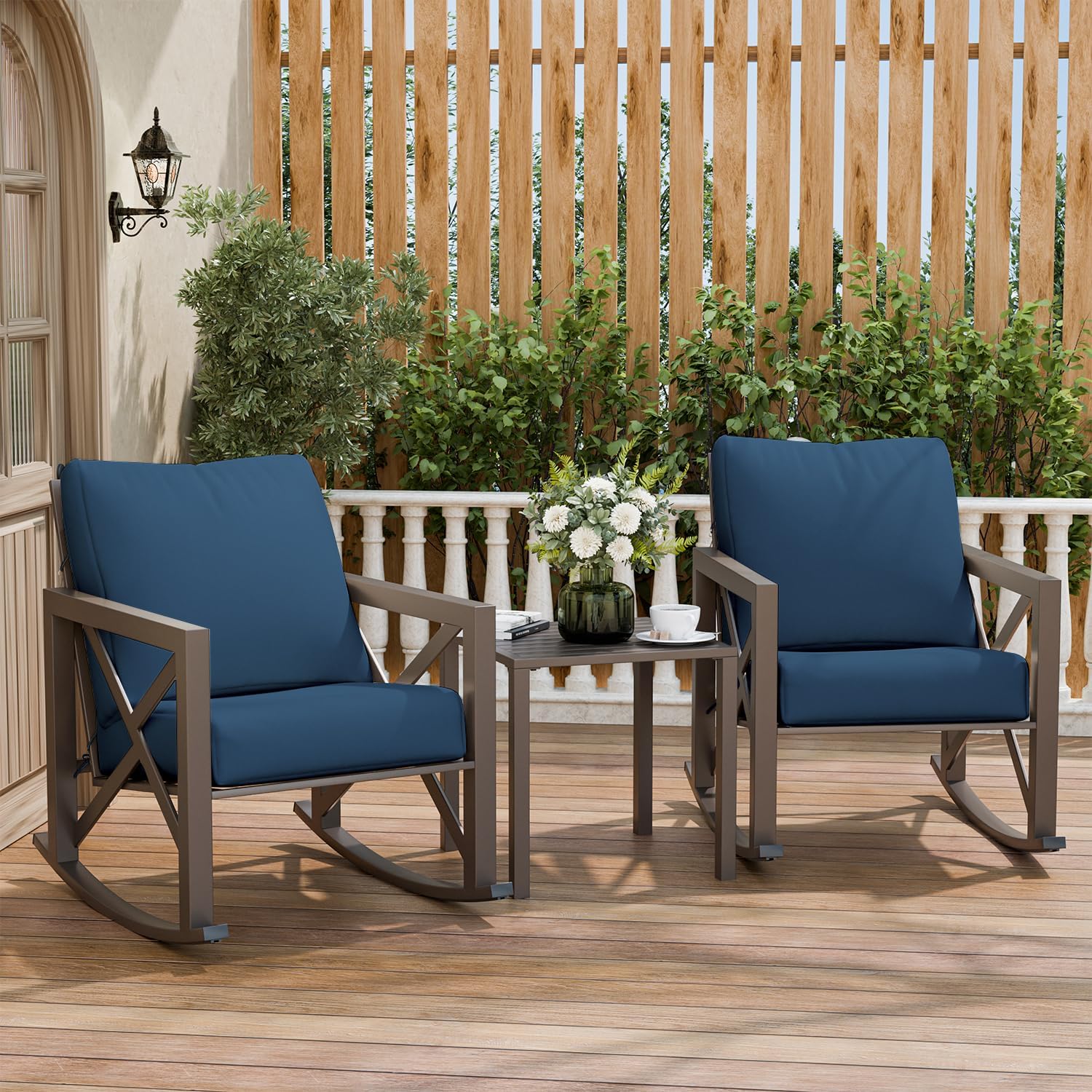 Outdoor Rocking Bistro Set, Patio Rocking Chairs Set of 2 with Coffee Table, 3 Pieces Metal Conversation Sets with 6.5' Thick Cushions for Backyard, Porch, Poolside, Oversized (Blue)